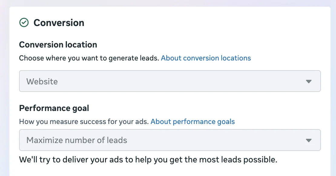 Nastavení konverzního cíle v Meta Ads na maximalizaci leadů