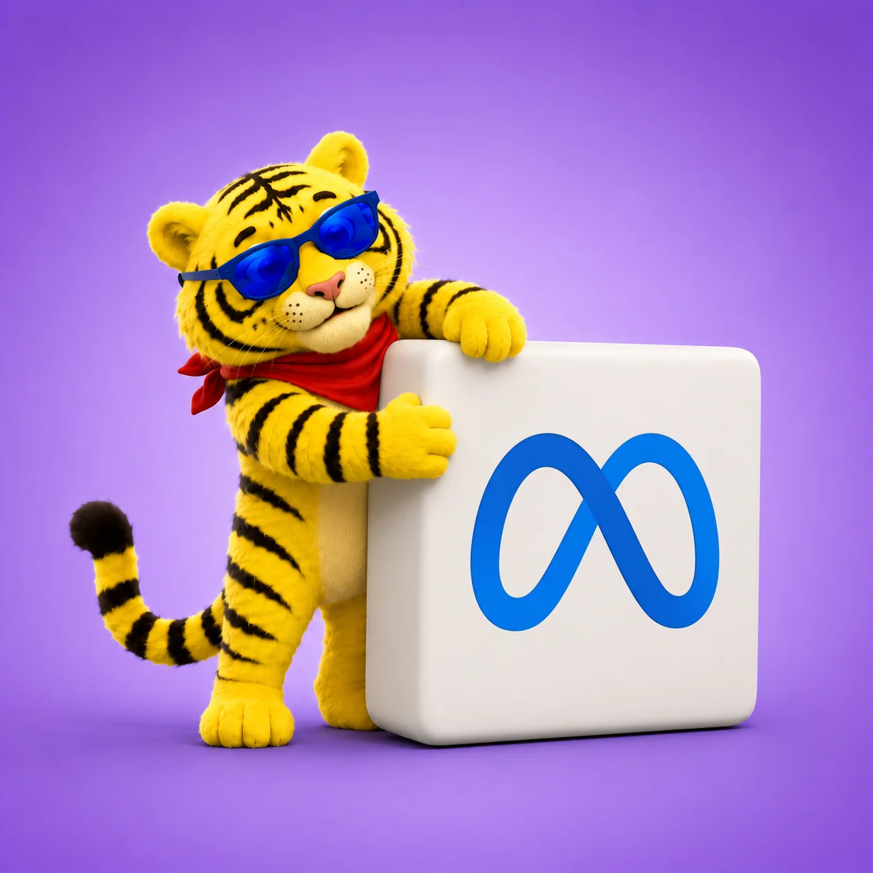 Maskot tygra Kraftvertising s logem Meta — B2B Meta Ads agentura